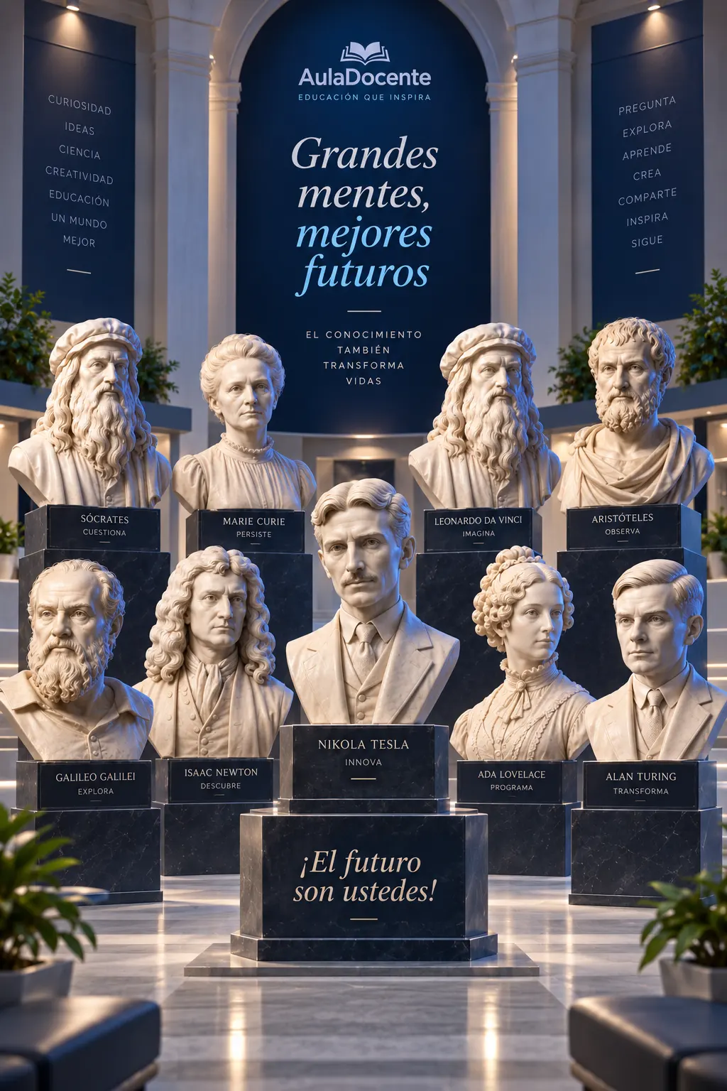 Salón con los bustos de nueve grandes mentes -Sócrates, Aristóteles, Leonardo da Vinci, Galileo Galilei, Isaac Newton, Ada Lovelace, Nikola Tesla, Marie Curie y Alan Turing-, cada uno con su verbo en la placa, bajo el lema «Grandes mentes, mejores futuros» de AulaDocente y la frase «¡El futuro son ustedes!»
